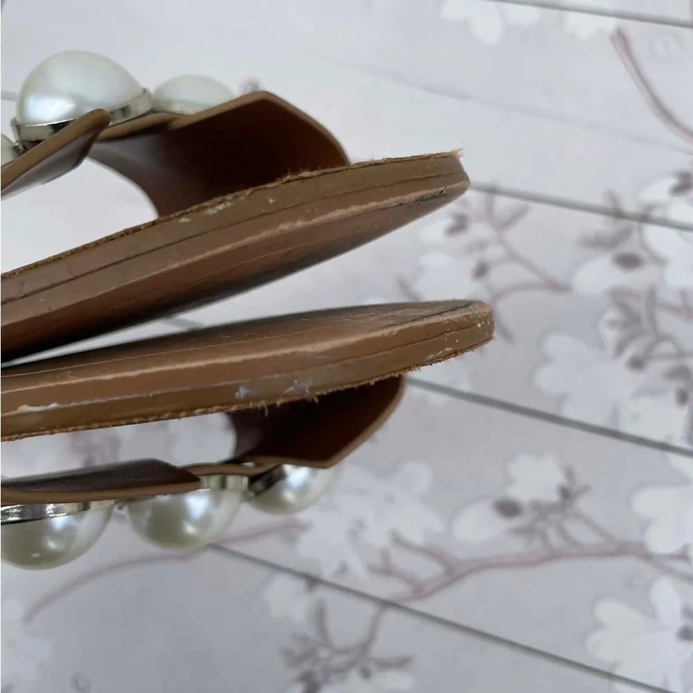 Zara Tan Slide Sandals with Pearl Accents - Picture 5 of 8